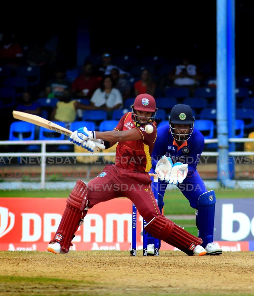 In this July 24 file photo, West Indies’ Nicholas Pooran plays a shot during the second ODI match against, at the Queen’s Park Oval, St Clair. Photo by Sureash Cholai