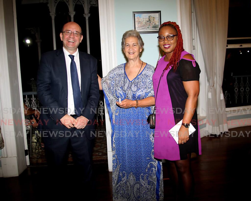 Spainish Ambassdor Fernando Nogales, from left, Rhonda Maingot, founder of the Living Water Community, and Danielle A Jones, at the Living Water's end-of-year function at Mille Fleurs. Photo by Sureash Cholai
