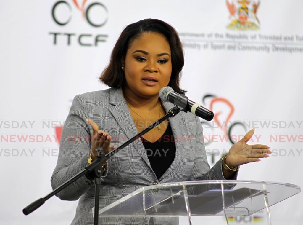 Minister of Sports and  Community Development Shamfa Cudjoe speaks at the launch the of the National Cycling Centre (NCC) as a UCI satellite centre, on Saturday, at the centre in Couva. - Lincoln Holder