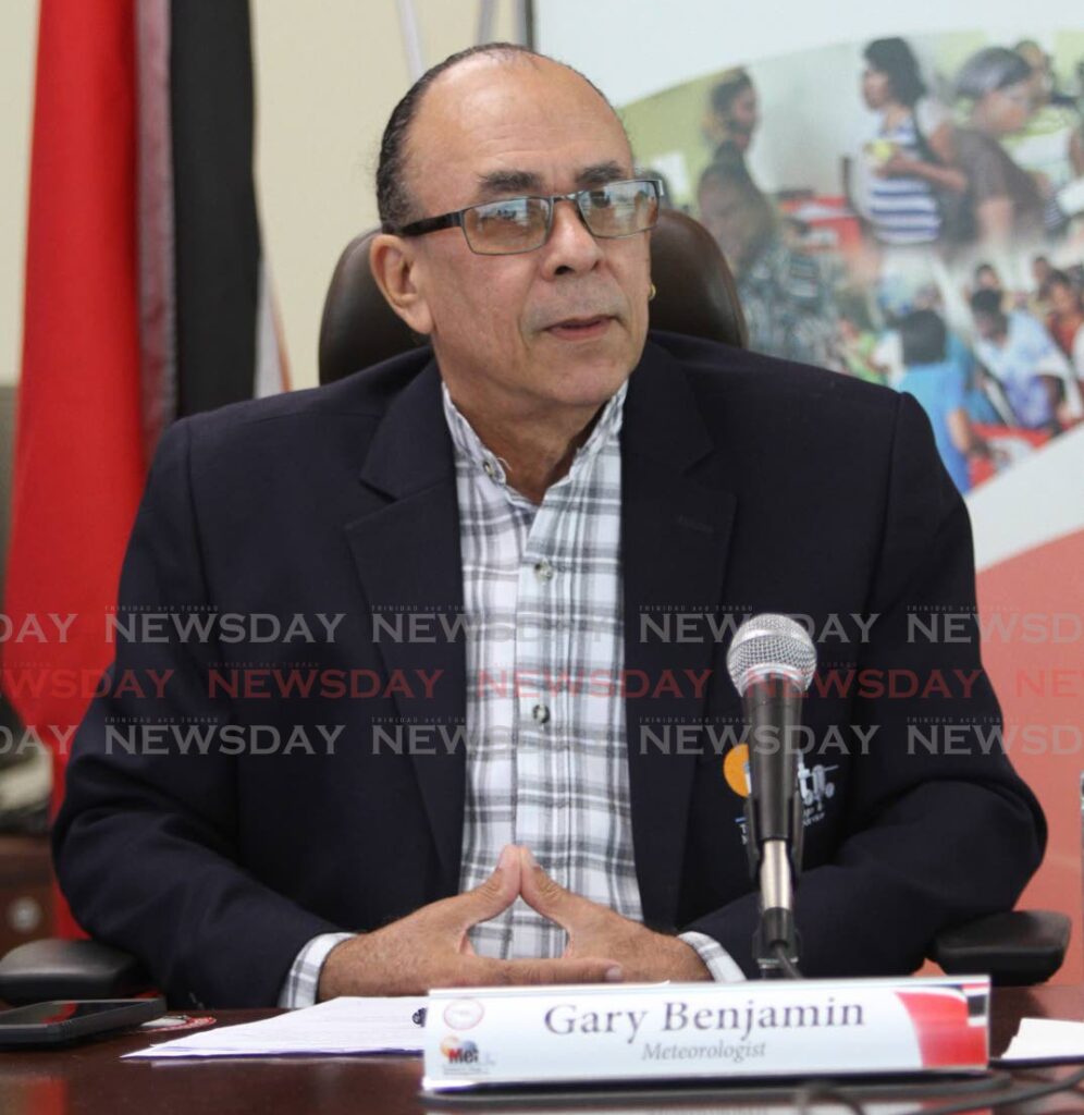 Meteorologist Gary Benjamin at Wednesday's news conference at the Ministry of Public Utilities, St Clair.  Photo by Angelo Marcelle