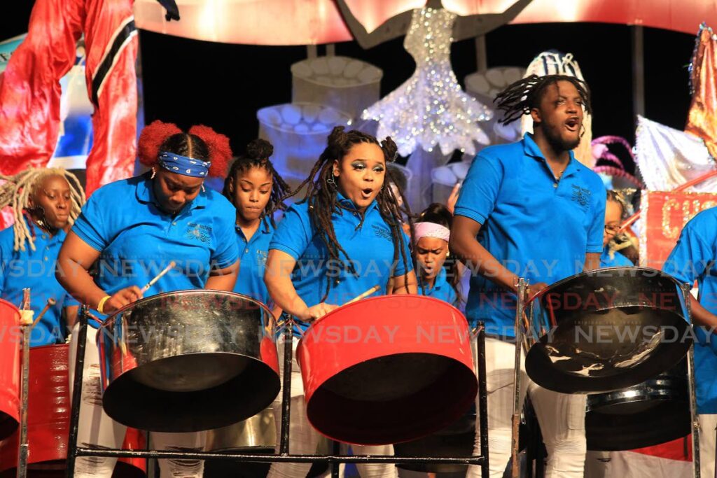 Chord Masters Steel Orchestra players revel in the music, playing KMC's First Experience to win PanTrinbago's Panorama 2023 Single Pan final at the Queen's Park Savannah on Wednesday. - Photo by Roger Jacob
