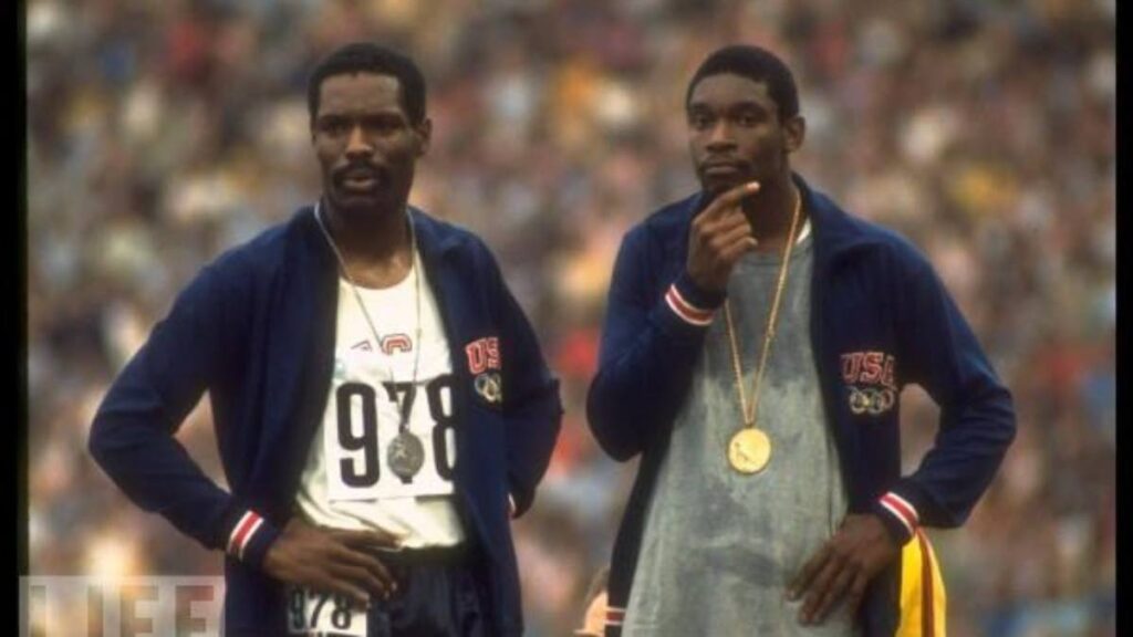 Wayne Collett (left) and Vince Matthews at the 400m Olympic ceremony at the 1972 Games in Munich, Germany. - 