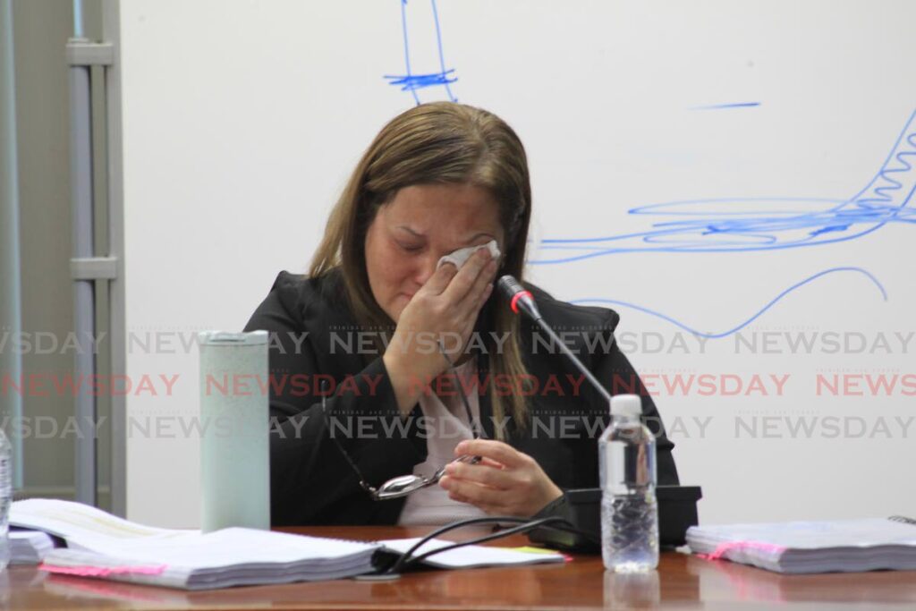 Paria Trading Ltd’s acting technical lead Catherine Balkissoon cries as she gives evidence at a Commission of Enquiry into the Paria tragedy at the International Waterfront Centre, Port of Spain, on Wednesday. Photo by Roger Jacob