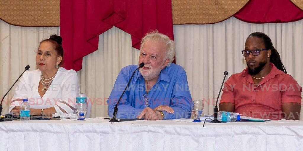 Contractor Patrick Parks, right, with Tobago Hotel and Tourism Association president Chris James, centre, and Tobago Chamber of Industry and Commerce president Diane Hadad, at a public forum last Thursday at Rovanel's Conference Centre, Bon Accord.  Photo by David Reid