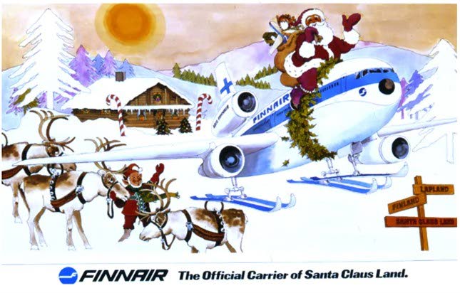 A poster advertises Finnair as the official airline of Santa Claus. 