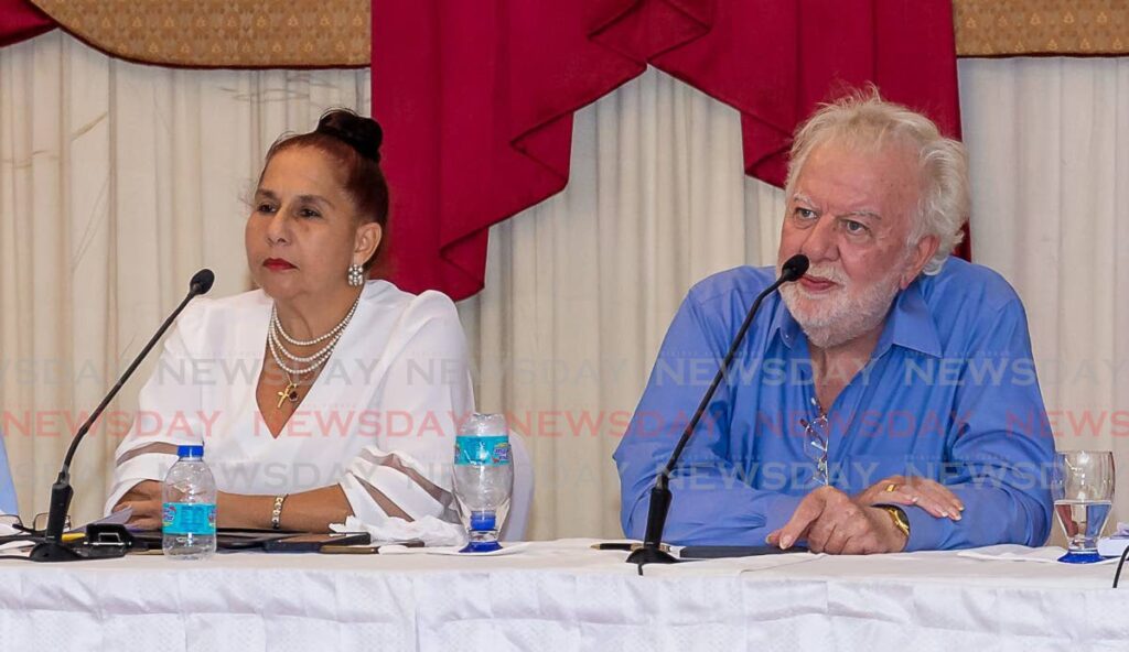Diane Hadad, left, head of the Tobago Division, Chamber of Industry and Commerce, and Chris James, president, Tobago Hotel and Tourism Association, at a forum last Thursday, Rovanel's Conference Centre, Bon Accord.  - David Reid