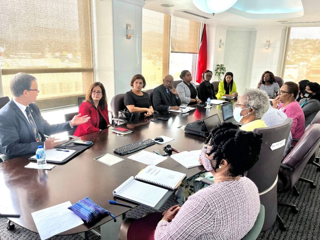 Cross section of the meeting between the Ministry of Social Development and Family Services and the Bankers Association of TT.  Richard Downie, president of BATT (left) makes a point to Cox, seated at the head of the table. Photo courtesy Ministry of Social Development and Family Services