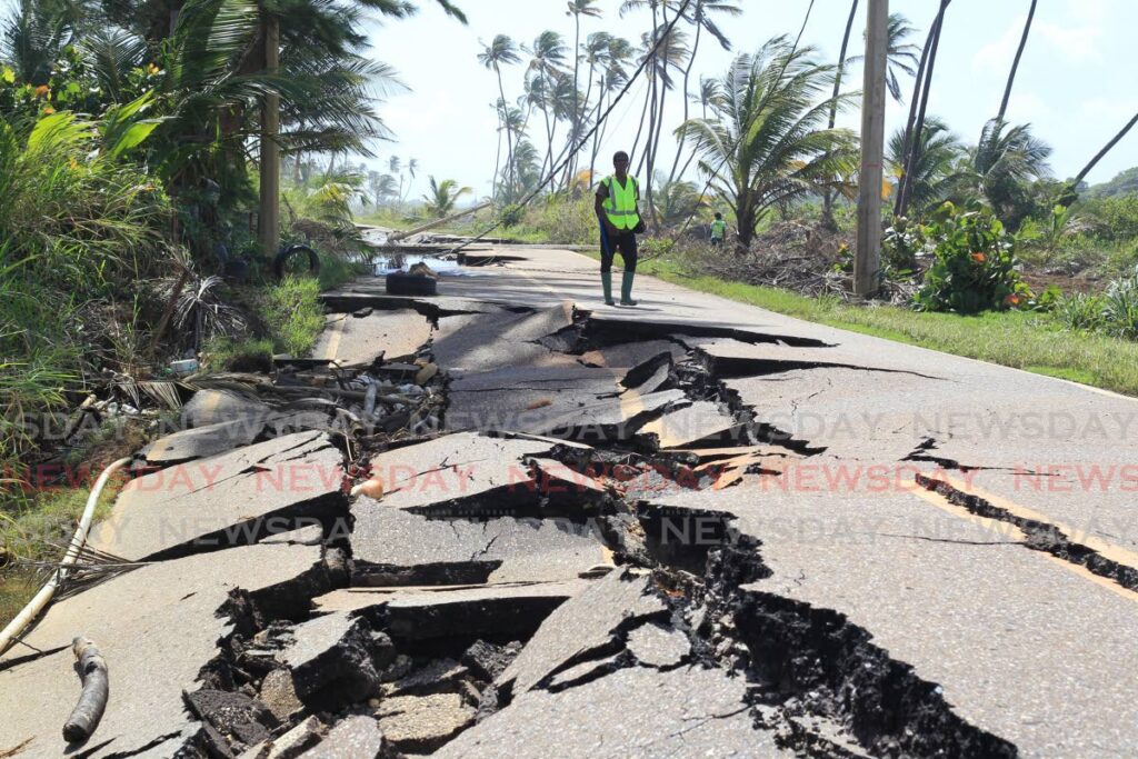 A section of the badly-damaged Manzanilla-Mayaro main road. PHOTO BY ROGER JACOB - 