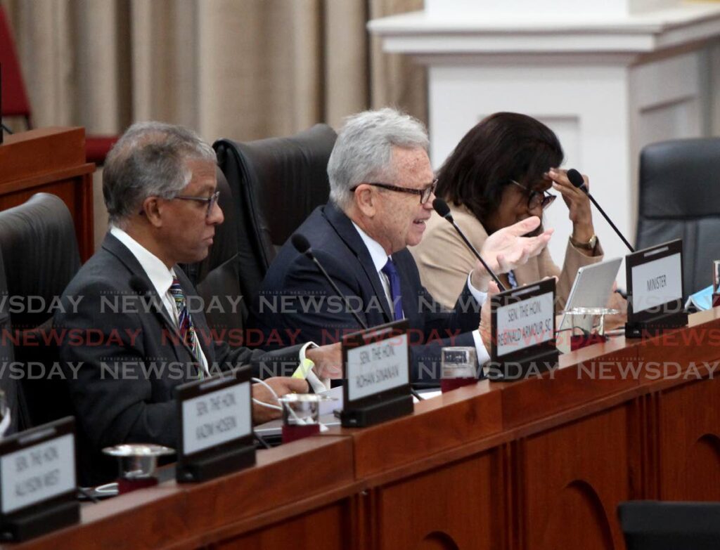 Attorney General Reginald Armour, from left, Finance Minister Colm Imbert and Trade and Industry Minister Paula Gopee-Scoon during a Senate sitting on December 13, 2022. The Senate passed the Finance (Supplementary Appropriation) 2022 Bill on January 25. - FILE PHOTO/AYANNA KINSALE