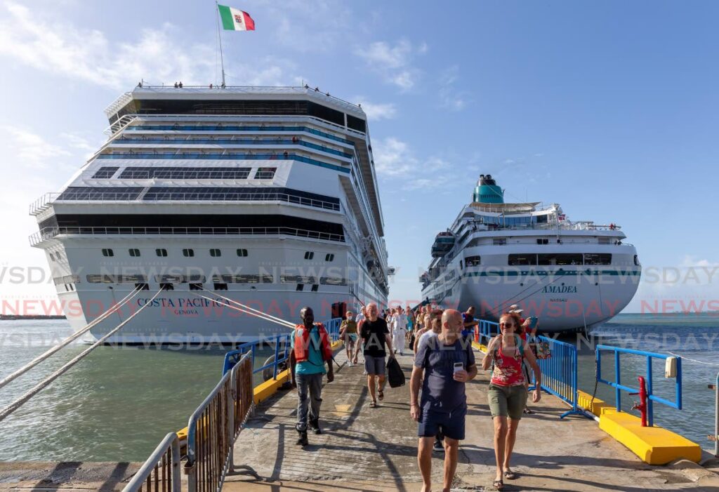 Passengers disembark the Costa Pacifica and Amadea cruise ships at the Port of Scarborough on Monday.