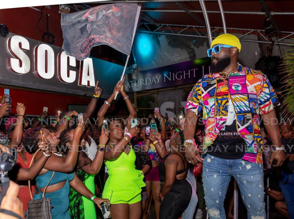 The viking of soca, Bunji Garlin, hits the stage on Tuesday night at the launch of I Love Soca, Bar Code, Scarborough. Photo by David Reid