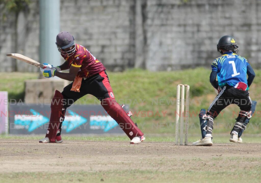 Scarlet Ibis batsman Sion Hackett plays a stroke against Masqueraders  during the NAMALCO under 23 CUP match at the National Cricket centre, Balmain Couva, on Wednesday.  - Lincoln Holder