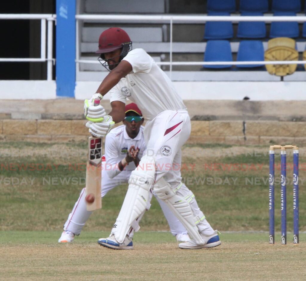 Vikash Mohan plays a defensive shot in a Red Force practice match at the Queen's Park Oval in Port of Spain earlier this month. - Angelo Marcelle