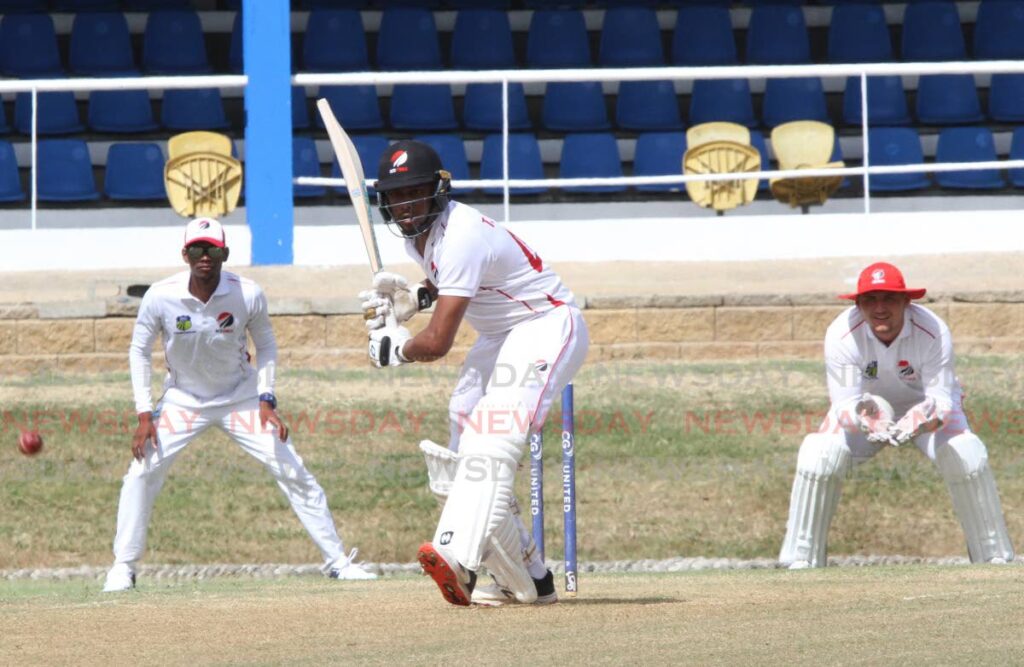 TT Red Force batsman Tion Webster plays a shot during a practice match at the Queen's Park Oval in St Clair on Thursday. Photo by Angelo Marcelle