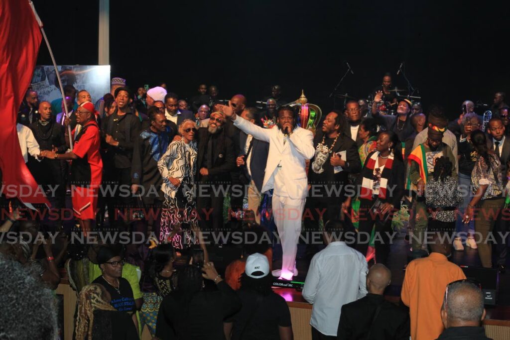 Calypsonians and soca artistes on stage at SAPA in one final musical tribute to Leroy "Black Stalin" Calliste on Thursday.