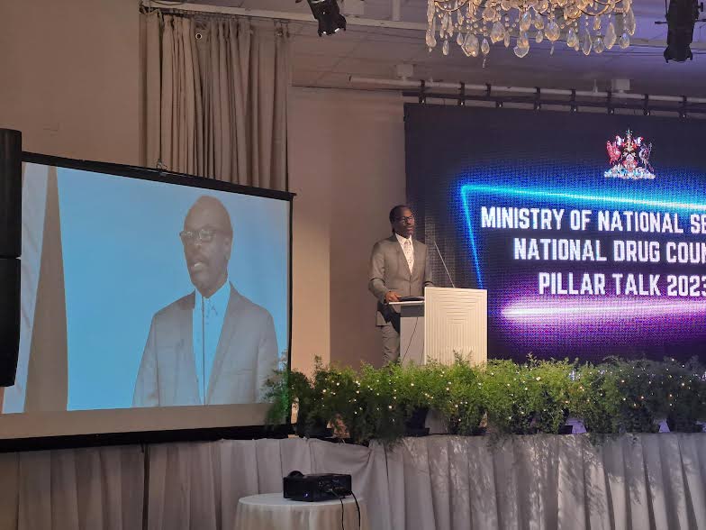 National Security Minister Fitzgerald Hinds speaks on his ministry's role in the fight against illicit drug consumption and trafficking, during a year-in-review forum hosted by the ministry's National Drug Council, at Cascadia Hotel, St Ann's on Wednesday.  - Andrew Gioannetti