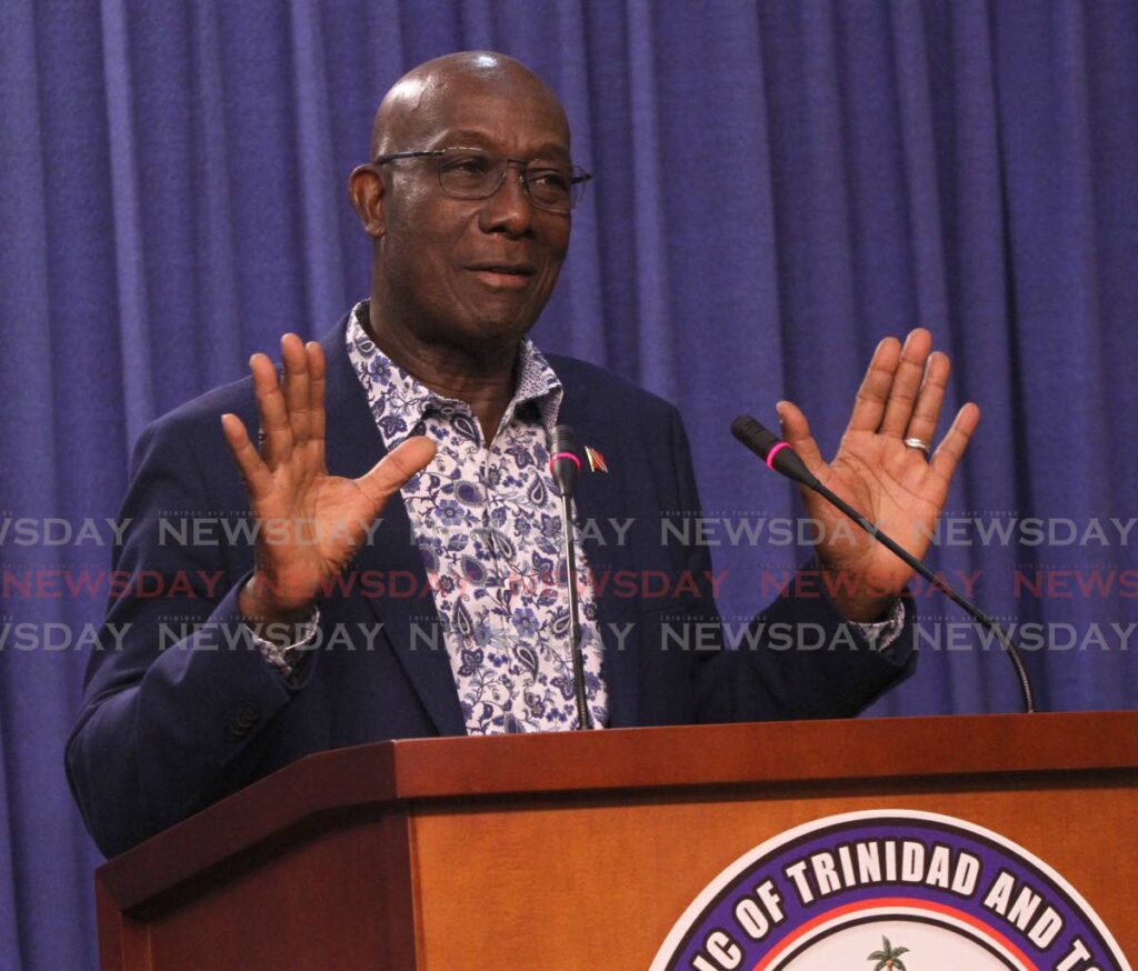 Prime Minister Dr Keith Rowley during a media conference on covid19 at the Diplomatic Centre, Port of Spain, on Thursday. Photo by Angelo Marcelle