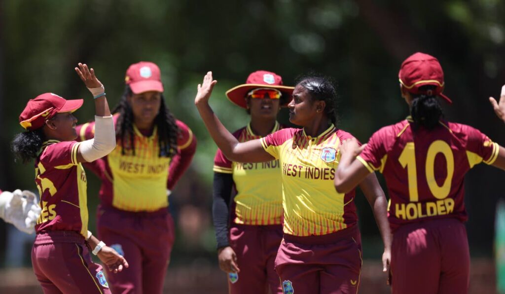 Ashmini Munisar of West Indies celebrates the wicket of Georgina Dempsey of Ireland with team mate Zaida James during the ICC Women’s U19 T20 World Cup 2023 match at North-West University Oval on Sunday in Potchefstroom, South Africa. (via ICC) - 