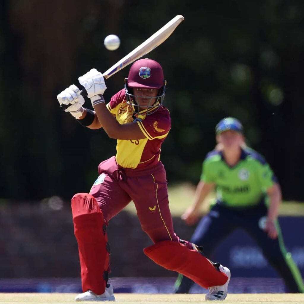 West Indies batter Zaida James plays a shot against Ireland at the ICC Under-19 T20 World Cup on Saturday in South Africa. Photo courtesy ICC