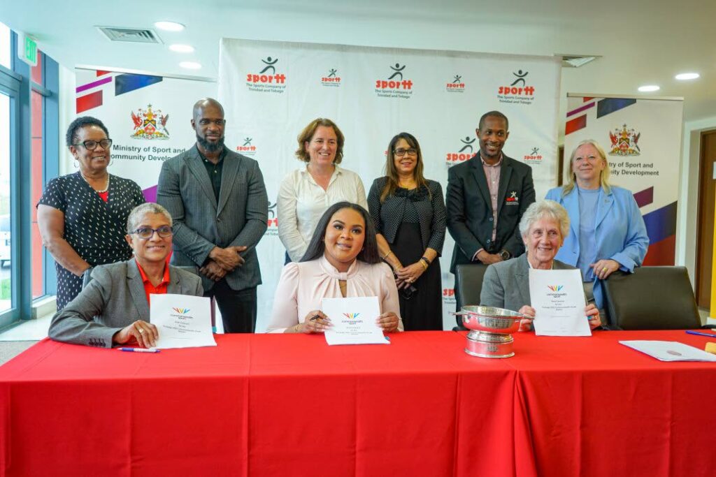 This photo, posted on the Commonwealth Games Federation’s website shows seated from left, TT Commonwealth Games Association president Diane Henderson, Sport Minister Shamfa Cudjoe and federatioin president Dame Louise Martin during the federation’s visit to TT in 2022 for the signing off of documents for this country to host the 7th Commonwealth Youth Games.  