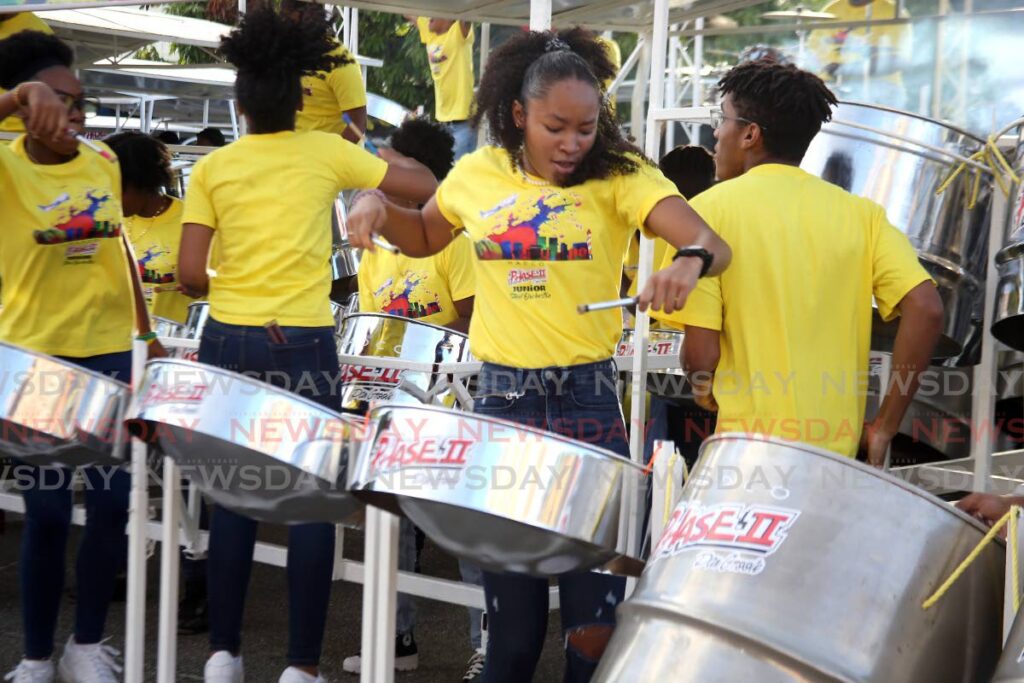 Frontline members of Hadco Phase II Pan Groove Junior Settel Orchestra during their performance at the preliminary round of the competition on January 18.  - Photo by Sureash Cholai