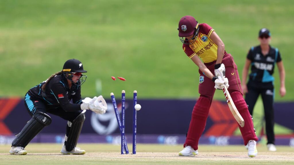 Shunelle Sawh of West Indies is bowled by Anna Browning of New Zealand during the ICC Women's U19 T20 World Cup 2023 match at JB Marks Oval on January 19, 2023 in Potchefstroom, South Africa. - ICC