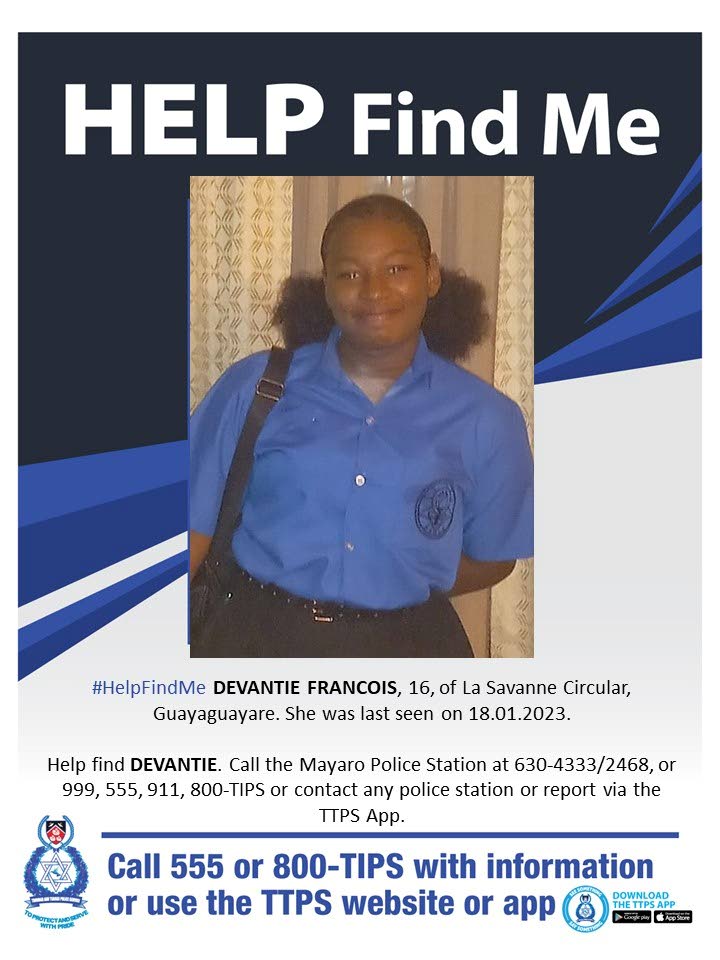 HELP FIND M,E: Missing teen Devantie Francois. Photo by TTPS