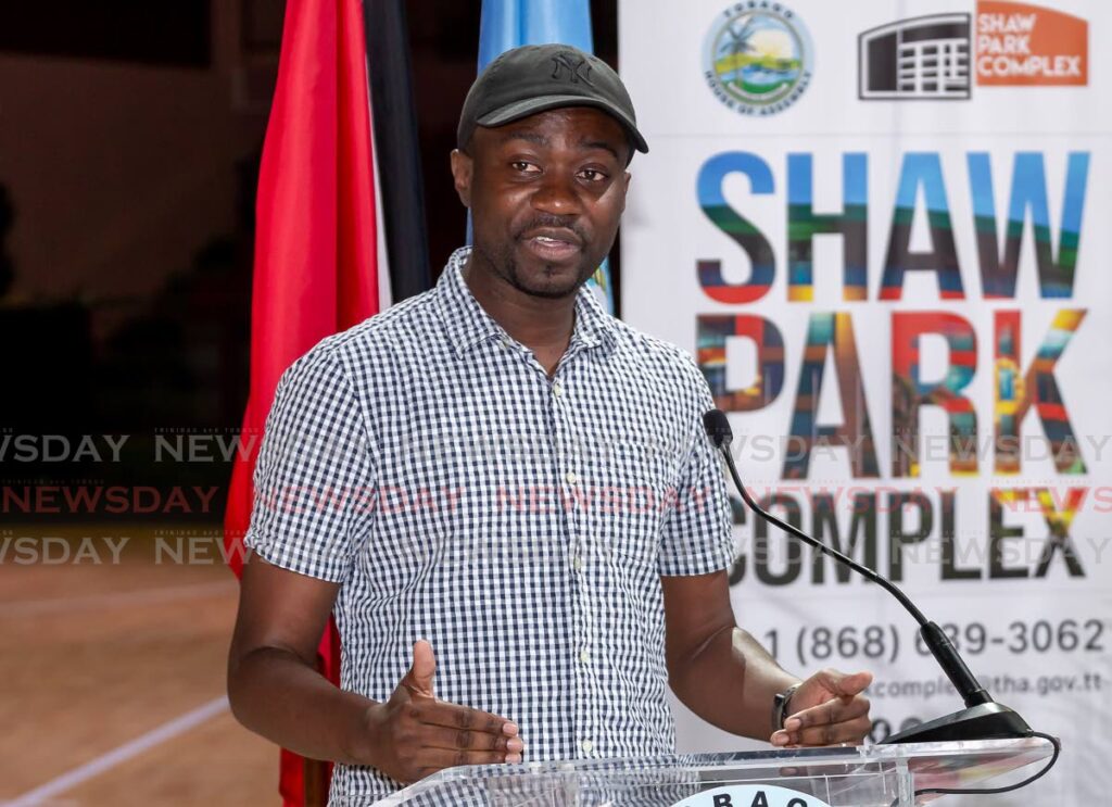 Chief Secretary Farley Augustine speaks during the unveiling of the Shaw Park  Indoor BasketBall Court at Shaw Park Cultural Complex, on Friday. - Photo by David Reid