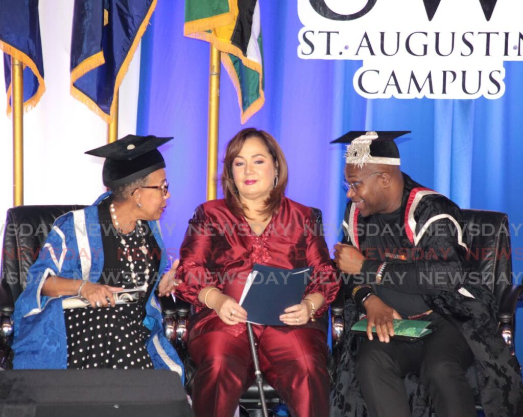 New UWI St Augustine principal, pro-vice chancellor Prof Rose-Marie Belle Antoine (centre), with Sharon Christopher chair of UWI St Augustine Campus Council, and Prof Densil Williams pro vice chancellor and campus principal Five Islands Campus at Belle Antoine's induction ceremony on Saturday. - Photo by Roger Jacob 
