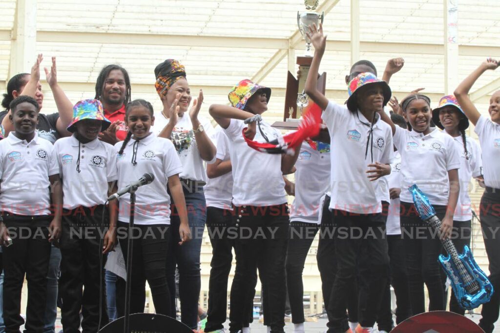 Guaico Presbyterian Primary School celebrates after winning the National Junior Panorama (primary schools) competition for a third consecutive time at the Queen's Park Savannah, Port of Spain on Sunday. - Photo by Angelo Marcelle