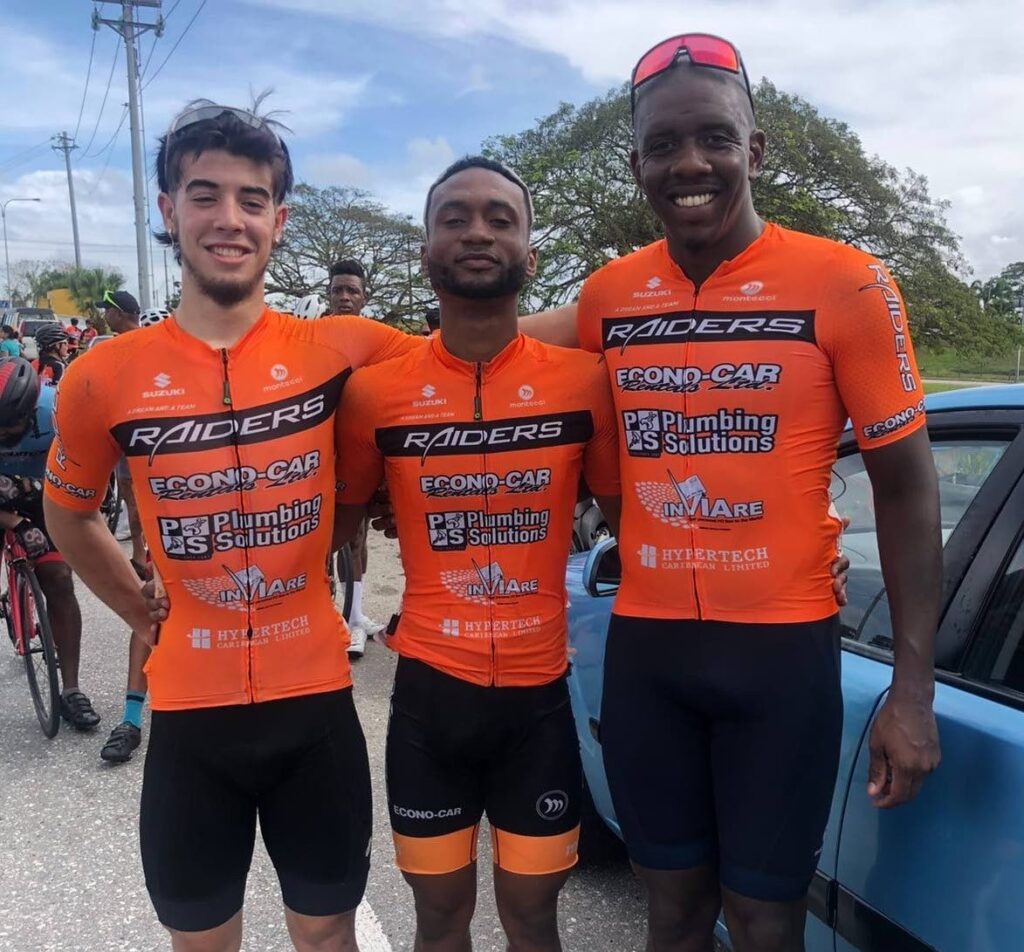Raiders Cycle and Multisport Club's Andel Garcia, centre,  Liam Trepte, left, and Adam Alexander placed 1-2-3 in the road challenge on Sunday. - 