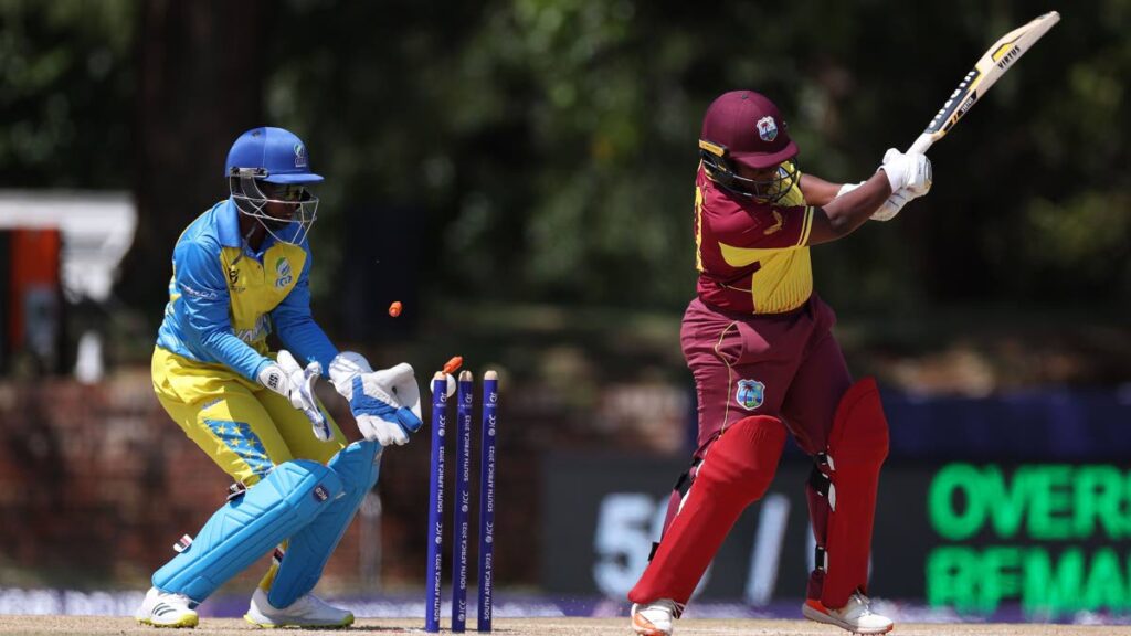 Jahzara Claxton of West Indies is bowled by Marie Jose Tumukunde of Rwanda during the ICC Women's U19 T20 World Cup 2023 Super 6 match at North-West University Oval on Sunday in Potchefstroom, South Africa. - via ICC