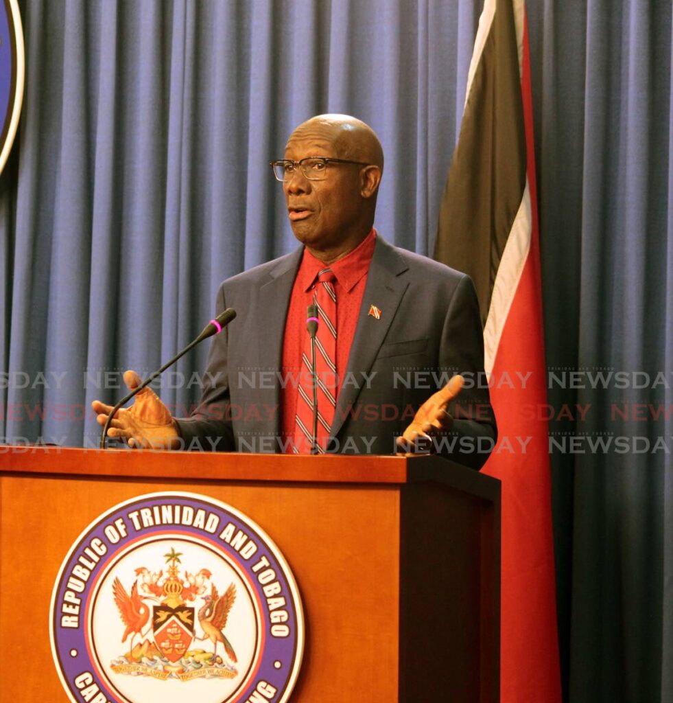 Prime Minister Dr Rowley addresses the media on Tuesday at the Diplomatic Centre, St Ann's. PHOTO BY ROGER JACOB - 