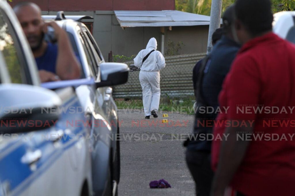 A crime scene investigator is seen processing the area where three people were shot dead at Rose Drive, Carapo on Saturday. Photo by Angelo Marcelle