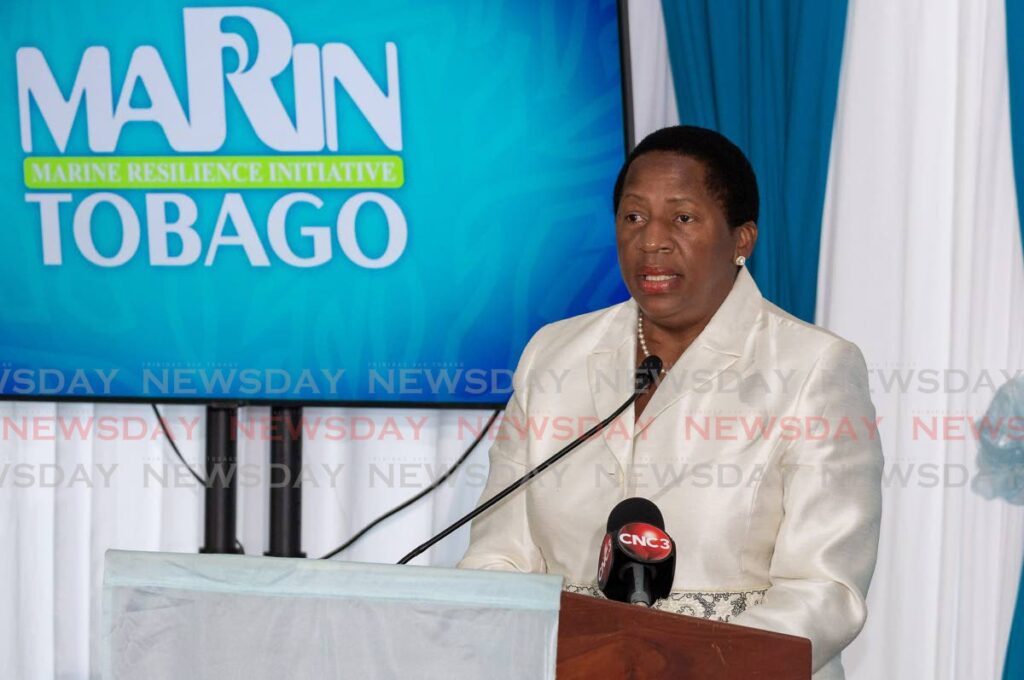 Minister of Planning and Urban Development Pennelope Beckles addresses the launch of MARIN Tobago pilot project at Pigeon Point Heritage Park on April 24, 2022. - Photo by David Reid