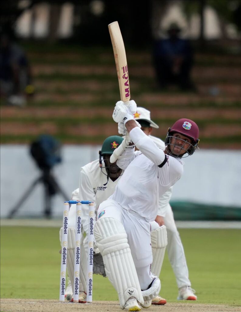 West Indies' batsman Tagenarine Chanderpaul plays a shot on the first day of the first Test against Zimbabw, at Queens Sports Club, in Bulawayo, Zimbabwe, on February 4, 2023.  (AP Photo) 