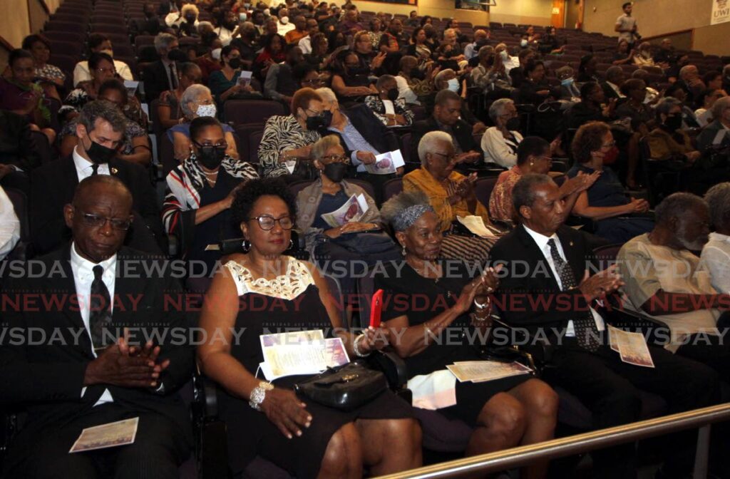 Family, friends and colleagues of professor emeritus Gordon Rohlehr, during a memorial service at Daaga Hall Auditorium, UWI St Augustine, on Saturday. - Angelo Marcelle