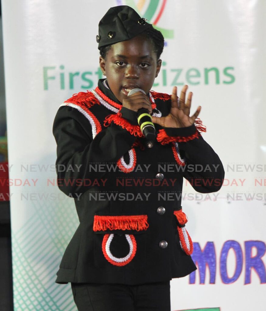 Shaquan Hudlin, of Cunupia Government Primary School, sings No Mister Gun Man, at the Junior Calypso, semifinals at Kaiso House, Queen's Park Savannah, Port of Spain on Saturday. Photo by Angelo Marcelle