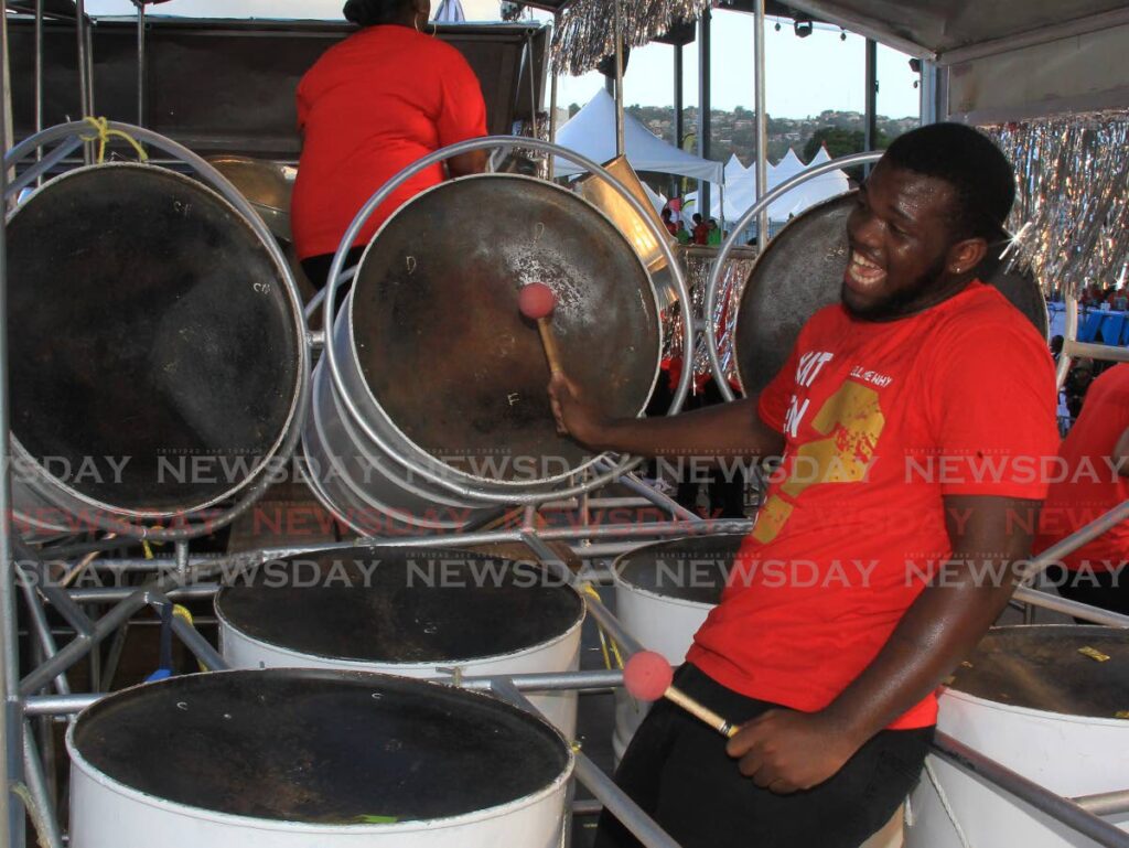 A Katzenjammers pannist keeps the tempo during the band's performance of Tell Me Why to top the medium band in Sunday's Panorama semifinals. Photo by Roger Jacob