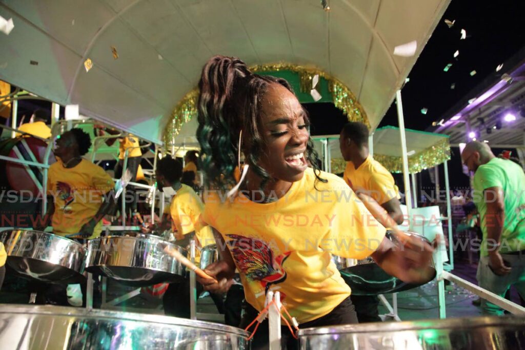 BP Renegades players in action during their performance of Feeling to Party to top the large steelband category of the 2023 Panorama semifinals, Queen's Park Savannah, Port of Spain on Sunday. Photo by Andrea De Silva