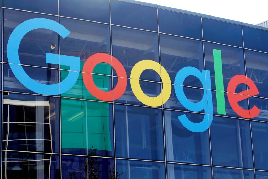 A sign is shown on a Google building at their campus in Mountain View, California. 