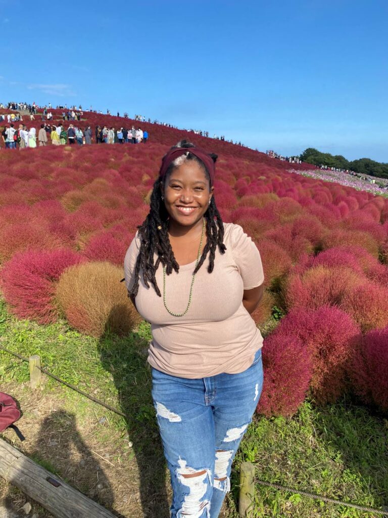 Rhianna Mc Kenzie at Hitachi Seaside Park, Hitachinaka City, Ibaraki Prefecture, Japan. The floral garden sits on a sloping hillside near the ocean with a variety of plants that change colours throughout the four seasons. - 