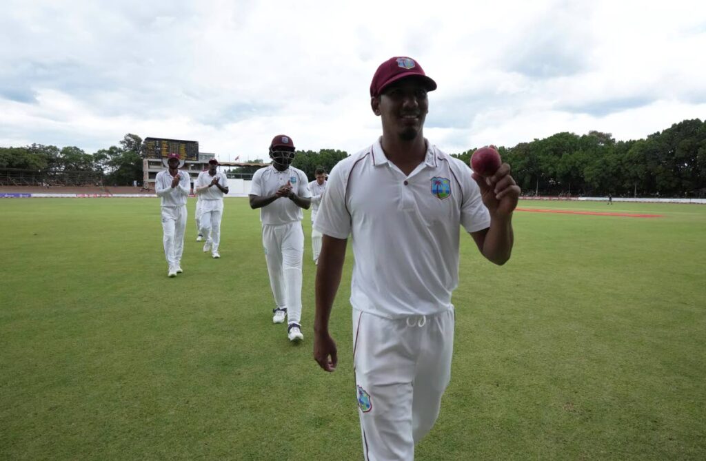 West Indies bowler Gudakesh Motie holds the ball after taking seven wickets on the first day of the second Test cricket match between Zimbabwe and West Indies at Queens Sports Club in Bulawayo, Zimbabwe, on Sunday. (AP Photo) - 