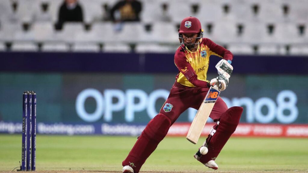 West Indies' Shemaine Campbelle plays a shot during the ICC Women's T20 World Cup group B match against Ireland at Newlands Stadium on Saturday, in Cape Town, South Africa. - via ICC