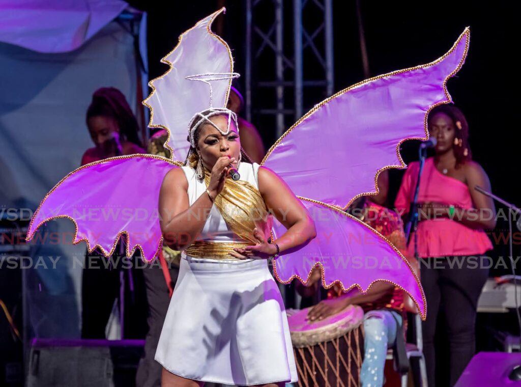 Giselle Washington Fraser on her way to victory in the Windward Calypso Monarch competition on Saturday at the Cyd Gray Complex, Roxborough. - David Reid
