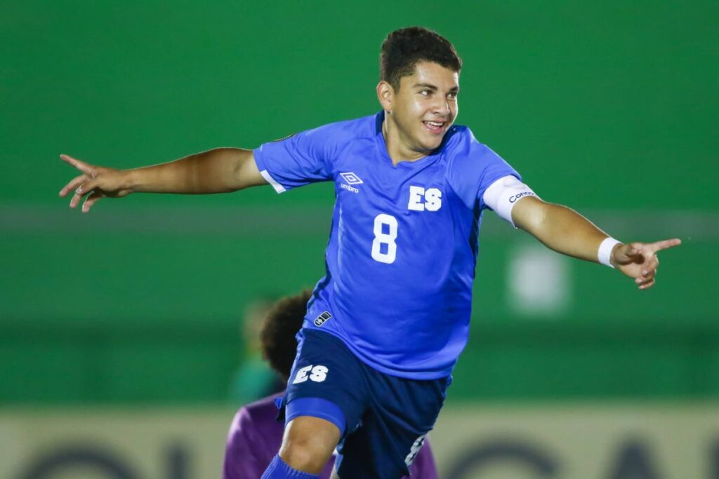 Walter Menjivar of El Salvador celebrates his goal, during the round of 16 match against Trinidad and Tobago in the Concacaf Under-17 Men's Championship, held at the Pensativo stadium, in Ciudad de Antigua, Guatemala, on Sunday.  - (via CONCACAF)