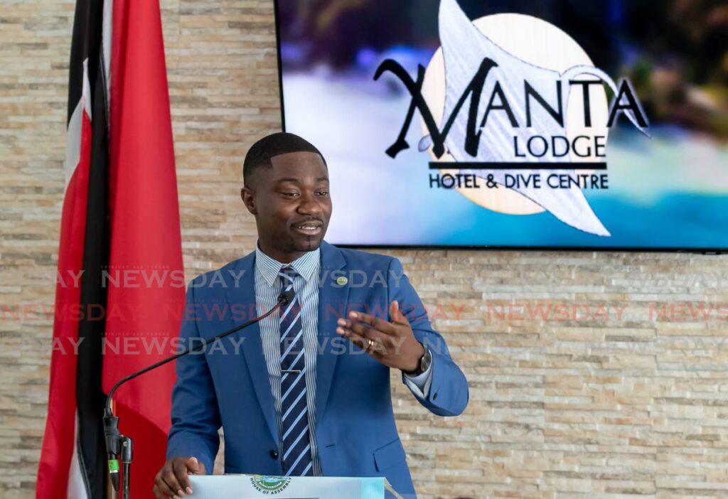 Chief Secretary Farley Augustine at the handing-over ceremony for Manta Lodge in Speyside on Wednesday.