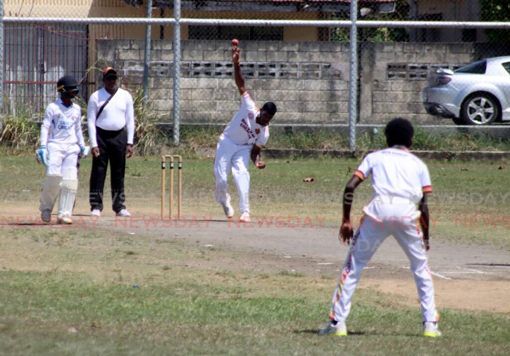 Hillview College captain Ricky Ragoonanan bowls during the SSCL premier division match against St Mary's College, on Thursday, at the Knowles Street Recreational Grounds, Curepe. - ROGER JACOB