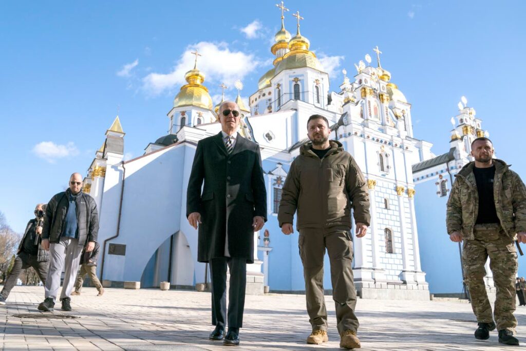 US president Joe Biden walks with Ukrainian President Volodymyr Zelenskyy during his surprise visit to in Kyiv. AP PHOTO - 
