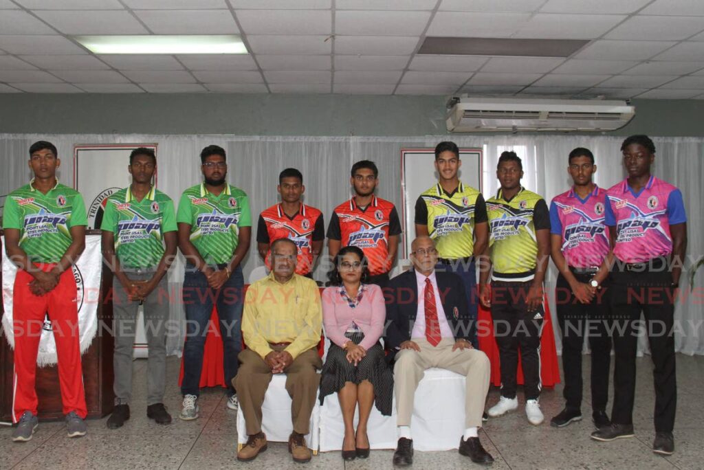 Front row, from left: Point Lisas Steel Products representatives, manager sales and marketing Vijay Siewsaran, accounts supervisor Janelle Gobin and TTCB president attend the U19 Youth Series Interzone Tournament 2023 media launch at the National Cricket Centre in Balmain, Couva. - Marvin Hamilton